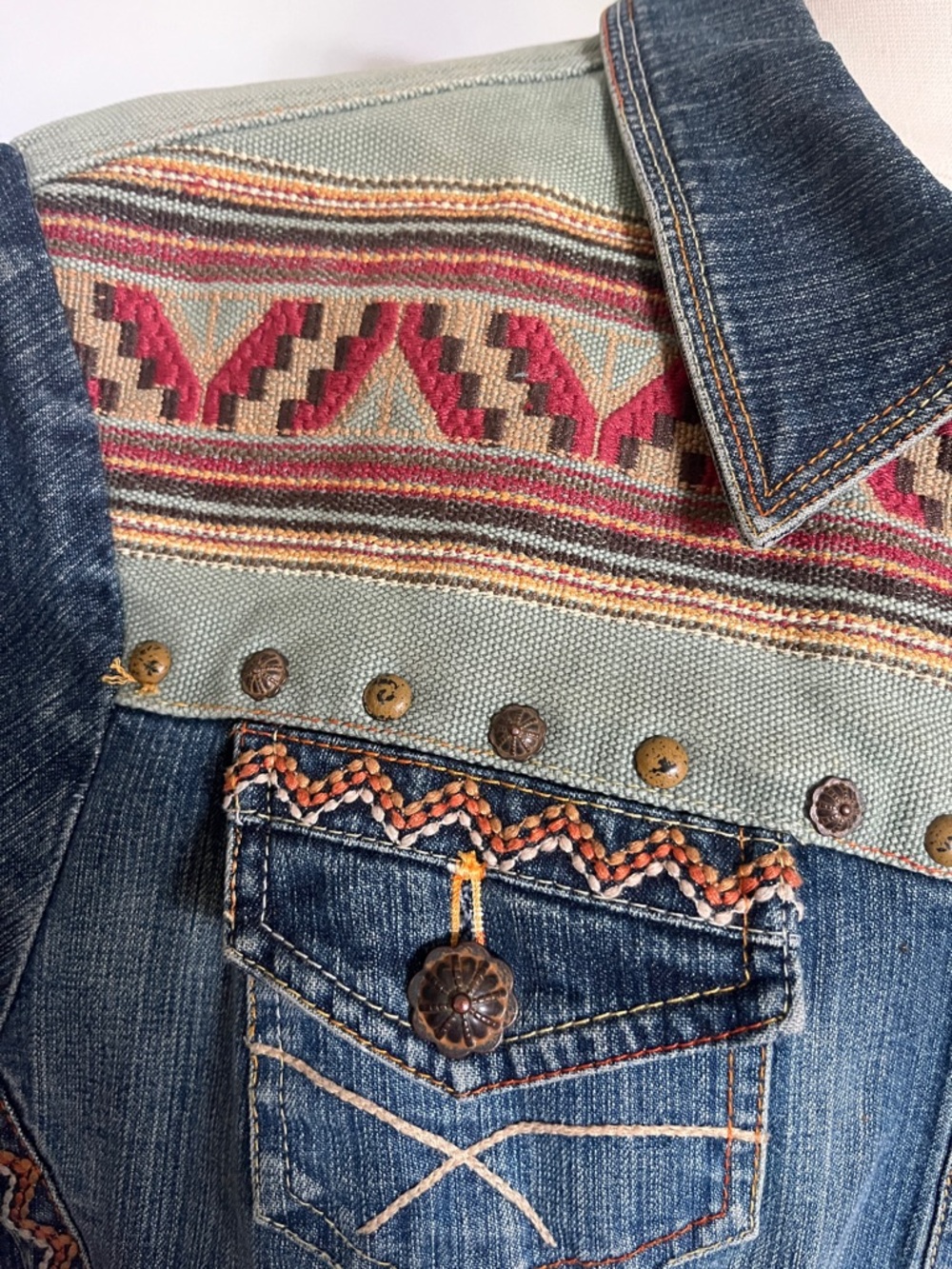 Coldwater Creek Blue Denim Jacket with Multicolor Aztec Trim - Picture 2 of 6